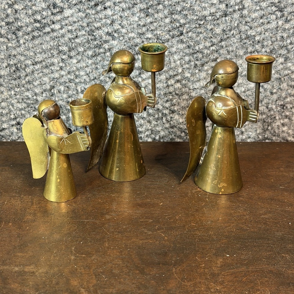 Set of3 Brass Copper Angel Candle Holder Made in Mexico Hand Made Etched Vintage
